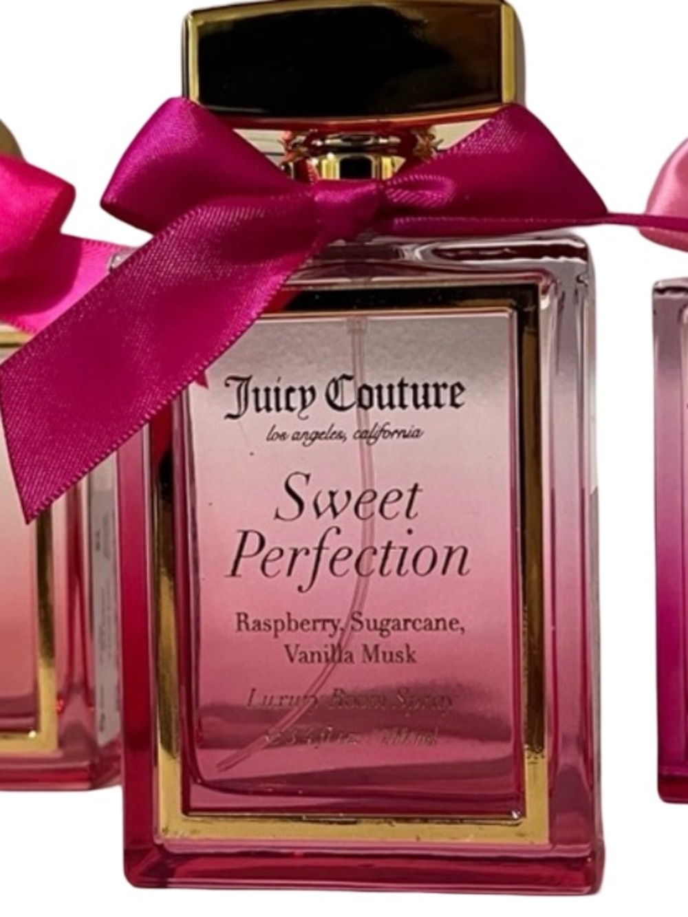 Juicy Couture NWT Classic Juicy Pink Glass Room Spray Trio with Pink Bows - Picture 3 of 9